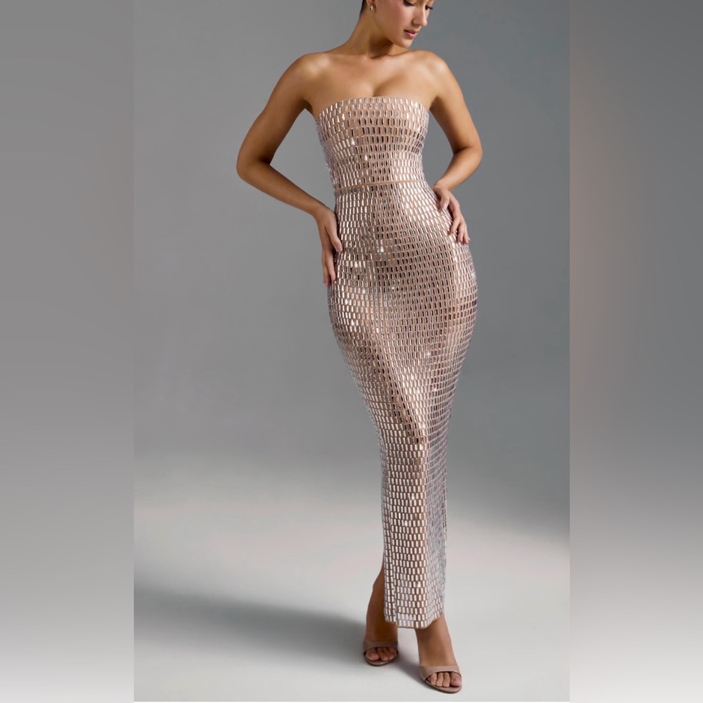 Oh Polly Strapless Shimmering Gold Dress
